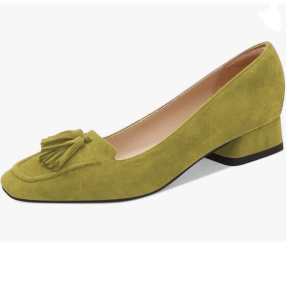YDN Olive Block Low Heel Loafers Square Toe Tassel Fringed Pump Slip On Shoe - Picture 1 of 8